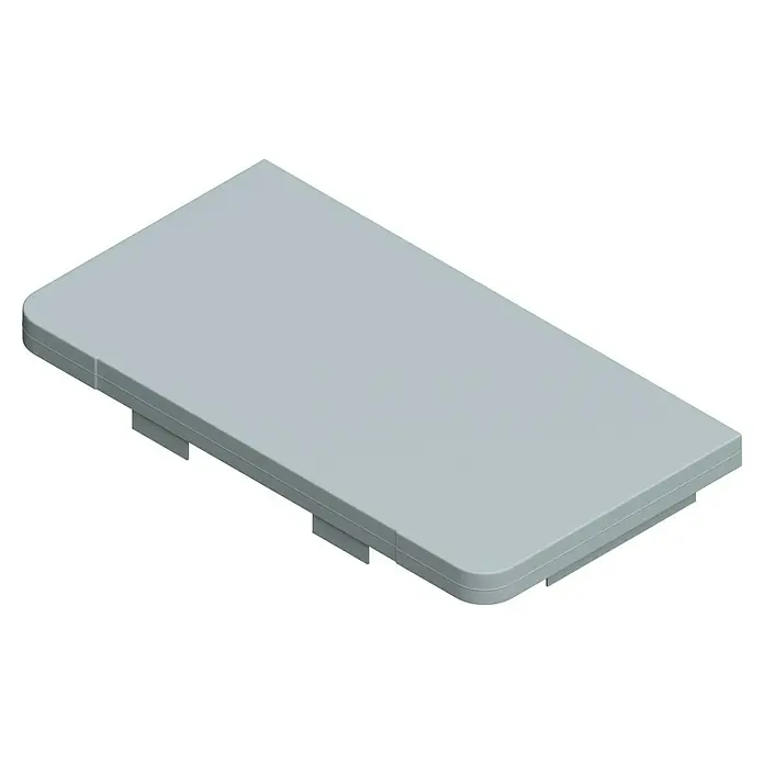 Endstück - Reinweiß, Passend für: Brüstungskanal BR 70 x 130 mm - Graues, rechteckiges Gehäuse mit abgerundeten Ecken und unten angebrachten Befestigungselementen für elektronische Geräte.