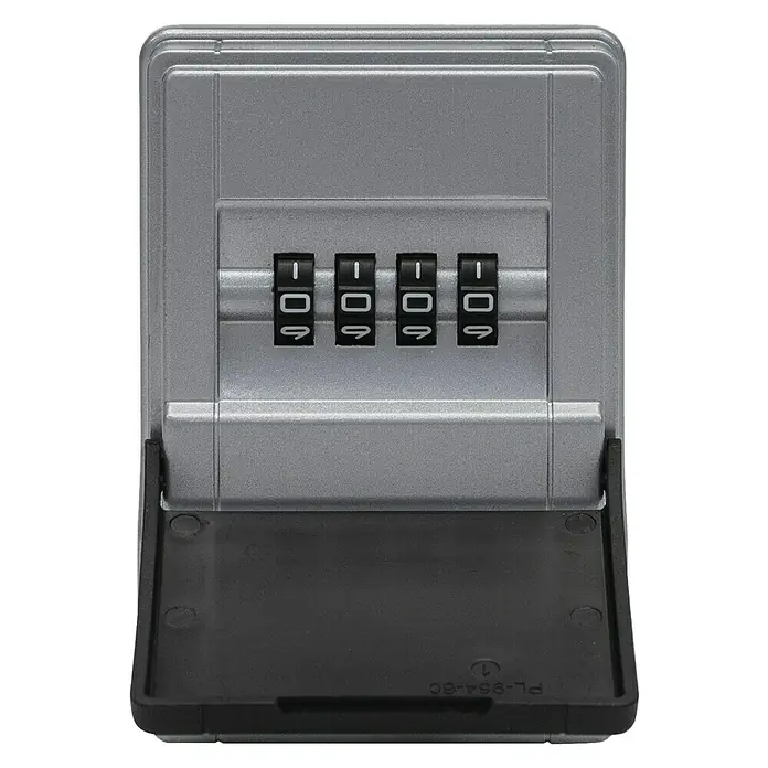 Abus Schlüsselbox Key Garage 727 - Geeignet für: Bis zu 8 Schlüssel, L x B x H: 38 x 62 x 95 mm, Ohne Bügel - Ein grauer Schlüsselsafe mit einem Vier-Zahlen-Kombinationsschloss und einer schwarzen, offenen Klappe zur Aufbewahrung von Schlüsseln.