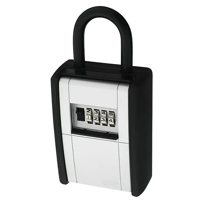 Abus Schlüsselbox Key Garage 797 - Geeignet für: Bis zu 20 Schlüssel, L x B x H: 45 x 85 x 180 mm, Ohne LED-Beleuchtung - Nahaufnahme eines ABUS Schlüsseltresors mit Bügel und Zahlencode. Ideal zur sicheren Aufbewahrung von Schlüsseln im Außenbereich.