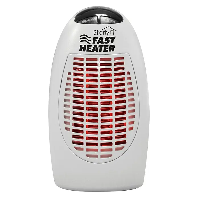 Heizlüfter Starlyf Fast Heater - 400 W, Weiß - Nahaufnahme einer tragbaren, weißen Starlyf Fast Heater Heizung mit rotem Heizelement.