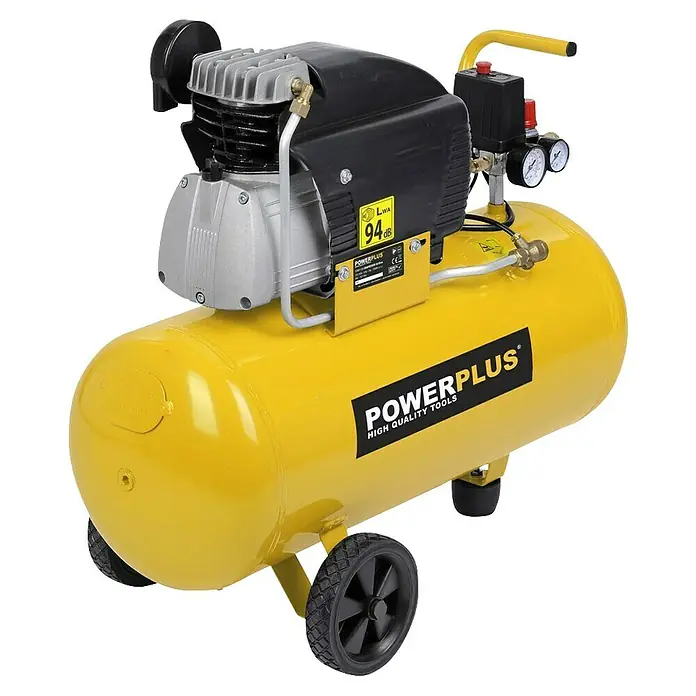 PowerPlus Compresor POWX1760 - 1.500 W, Presión máx.: 8 bar, 50 l, Lubricación: Sin - Compresor de aire amarillo Powerplus con ruedas para fácil transporte y almacenamiento. Herramienta robusta para diversas aplicaciones.