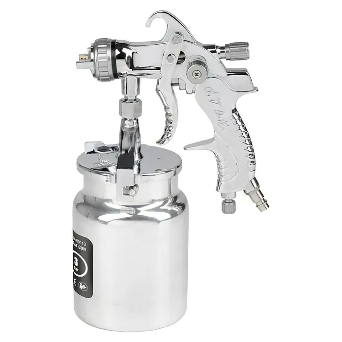 PowerPlus Pistola de pintura neumática POWAIR0110 - Presión de funcionamiento: 3 bar, Volumen de recipiente: 1.000 ml - Primer plano de una pistola de pintura cromada brillante con un recipiente debajo, ideal para aplicaciones de pintura y recubrimientos superficiales.