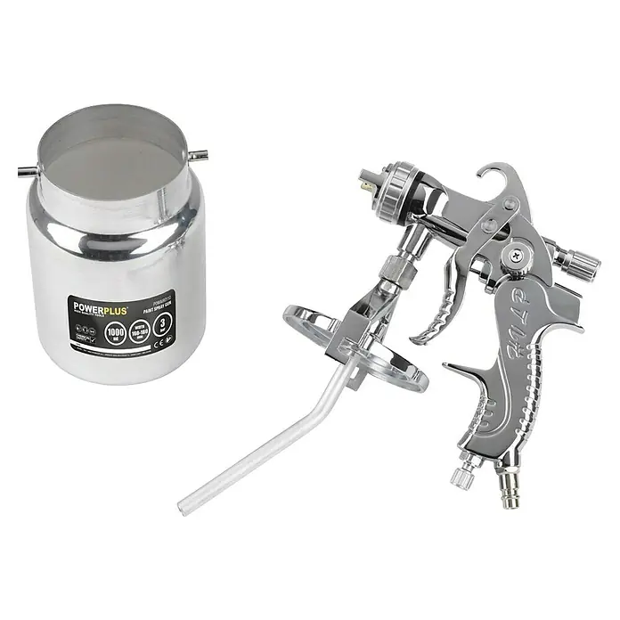PowerPlus Pistola de pintura neumática POWAIR0110 - Presión de funcionamiento: 3 bar, Volumen de recipiente: 1.000 ml - Primer plano de una pistola de pintura POWERPLUS con un recipiente y una manguera transparente sobre un fondo negro.