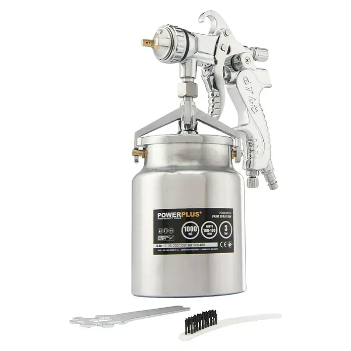PowerPlus Pistola de pintura neumática POWAIR0110 - Presión de funcionamiento: 3 bar, Volumen de recipiente: 1.000 ml - Aquí hay una pistola de pintura Powerplus de alta calidad con un recipiente de 1000 ml y accesorios para tareas de pintura profesionales.