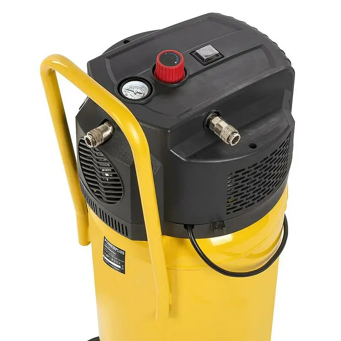 PowerPlus Compresor POWX17500 - 1.500 W, Presión máx.: 10 bar, 50 l, Lubricación: Sin - Detalle de un compresor Powerplus amarillo con parte superior negra, diseñado para aplicaciones de aire comprimido en talleres o garajes.