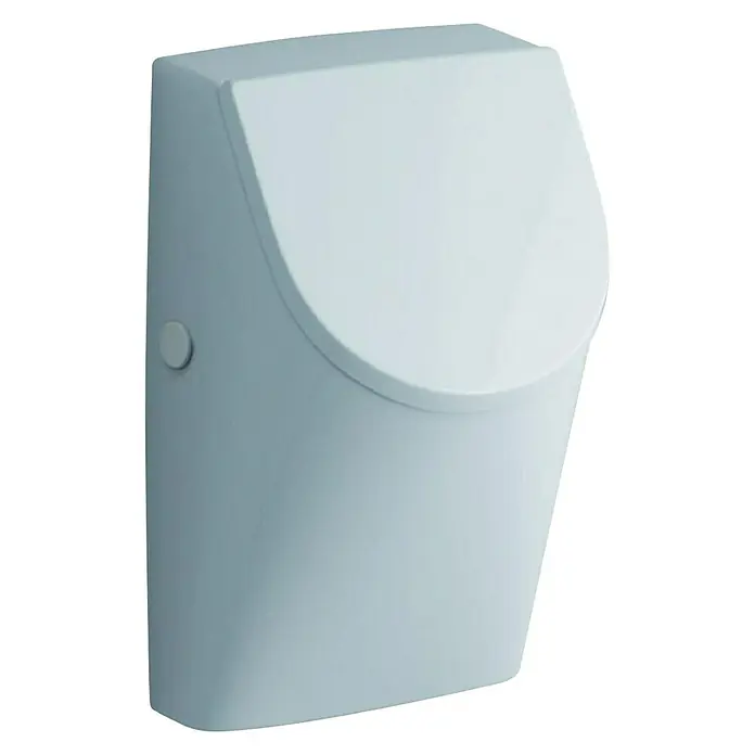 Geberit Renova Plan Urinal - Mit Urinaldeckel, Beschichtet, Zulauf: Hinten, Druckspülung, Weiß - Das Bild zeigt ein weißes, modernes Urinal zur Wandmontage. Das Urinal hat eine abgerundete Form und einen Knopf an der Seite.