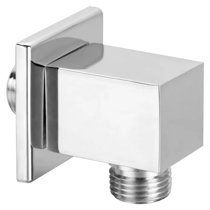 Camargue Brauseanschluss Kapuzbasi - ½″, Chrom - Nahaufnahme eines glänzenden, quadratischen Eckventils aus Chrom, das für Badezimmer- oder Küchenarmaturen verwendet wird.