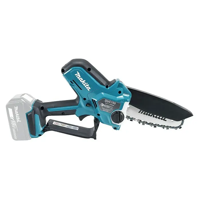 Makita LXT 18V Akku-Astsäge DUC150Z - 18 V, Li-Ionen, Ohne Akku, Schwertlänge: 15 cm - Nahaufnahme einer Makita DUC150 Akku-Kettensäge, die die Marke, das Modell und das Akku-Design hervorhebt.
