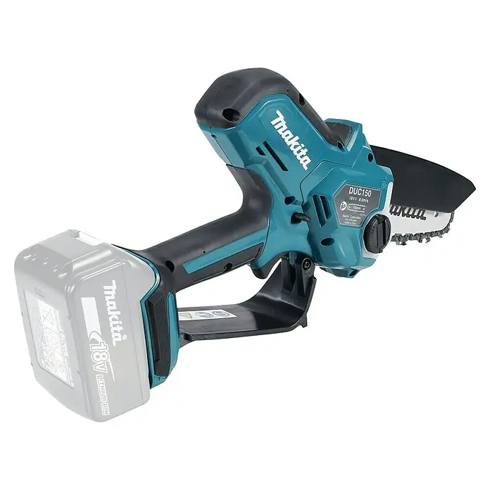 Makita LXT 18V Akku-Astsäge DUC150Z - 18 V, Li-Ionen, Ohne Akku, Schwertlänge: 15 cm - Türkise und schwarze Makita DUC150 18V Akku-Minikettensäge mit Lithium-Ionen-Akku und kurzem Schwert.