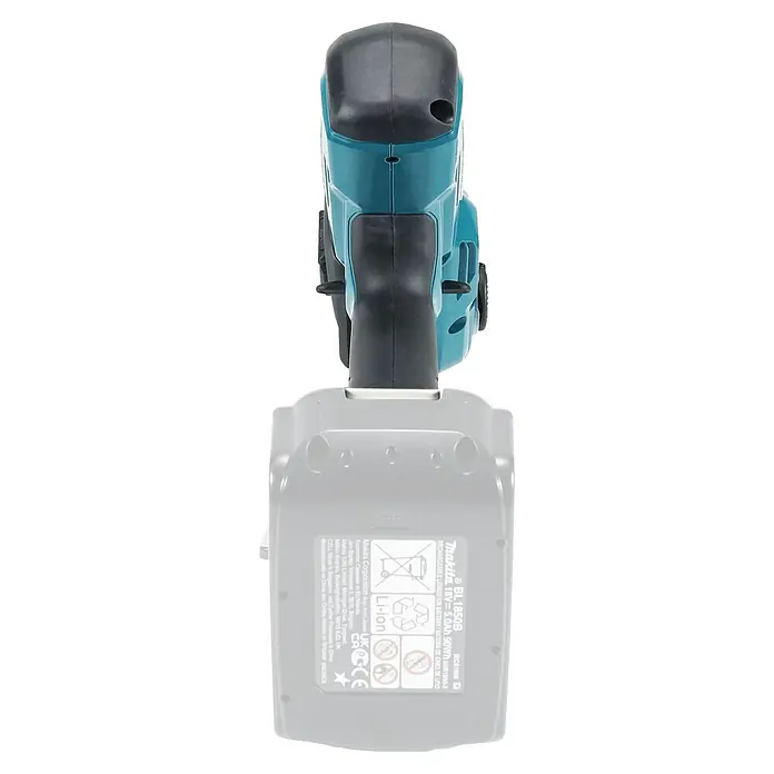 Makita LXT 18V Akku-Astsäge DUC150Z - 18 V, Li-Ionen, Ohne Akku, Schwertlänge: 15 cm - Türkis-schwarzer Werkzeuggriff mit hellgrauem Akku, von hinten gesehen.