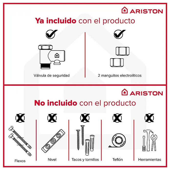 Ariston Termo eléctrico Blu1 Eco - 80 l, 1.500 W, Montaje en la pared - Guía Ariston: Accesorios incluidos (válvula de seguridad, manguitos electrolíticos) y no incluidos (flexos, nivel, fijaciones, cinta, herramientas).