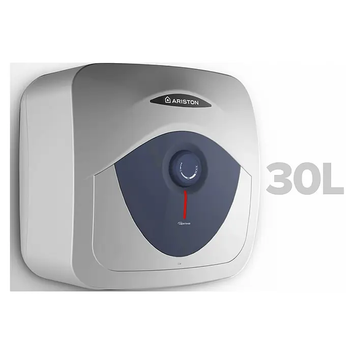 Ariston Termo eléctrico Blu Evo RS - 30 l, 1.500 W - Calentador de agua Ariston 30L blanco con panel de control azul oscuro, indicador de calentamiento y perilla de temperatura.