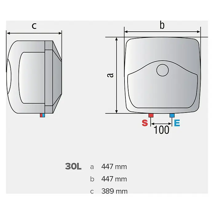 Ariston Termo eléctrico Blu Evo RS - 30 l, 1.500 W - Dibujo dimensional de un calentador de agua eléctrico de 30L, mostrando altura (a) 447mm, ancho (b) 447mm, profundidad (c) 389mm y separación de tuberías de 100mm.