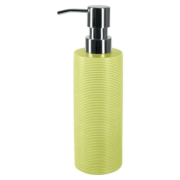 Spirella Dispensador de jabón Tube Ribbed - Cerámica, Verde pistacho - Dispensador de jabón verde claro con textura acanalada y cabezal de bomba cromado brillante, un accesorio elegante.