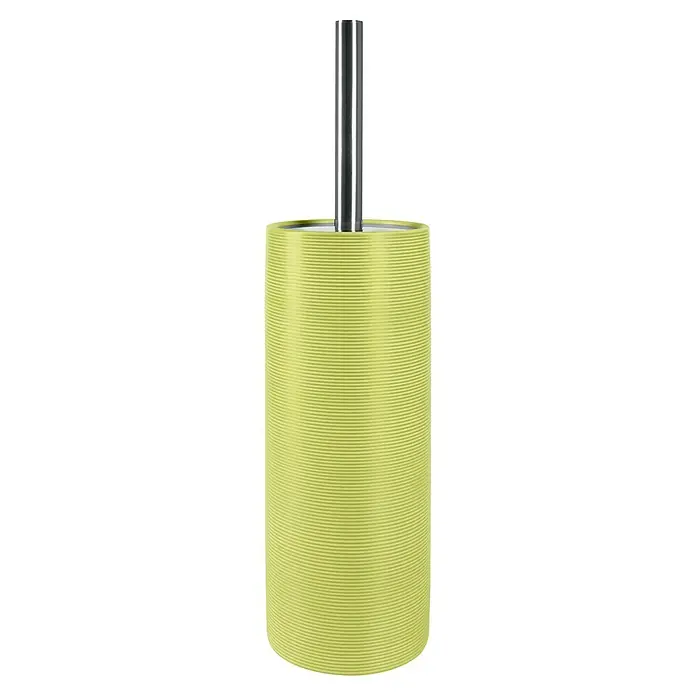 Spirella Escobillero de suelo Tube Ribbed - Cerámica, Verde pistacho - Primer plano de un portaescobillas de baño amarillo con mango plateado, que muestra un accesorio de baño elegante e higiénico.