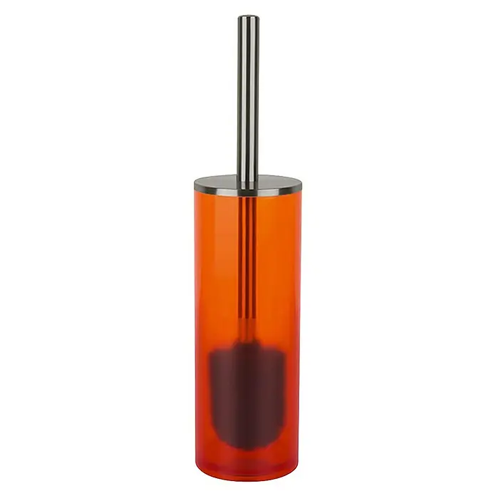 Spirella Escobillero de suelo Nyo - Acrílico, Orange - Escobilla de baño naranja con mango plateado. La escobilla está en un recipiente.