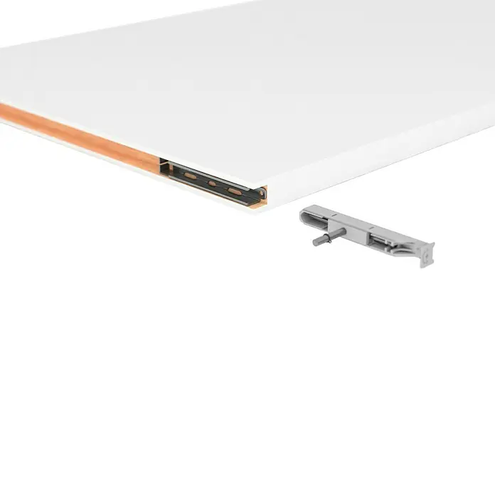 Entravia Zubehör-Set Türaufnahme verdecktliegend - Beschlag geeignet für: Holzschiebetüren, Passend für: Entravia Simple-Pocket Schiebetürsystem - Weiße Möbelplatte mit integriertem grauen Schubladenauszugsystem, zeigt ein separates Auszugteil.