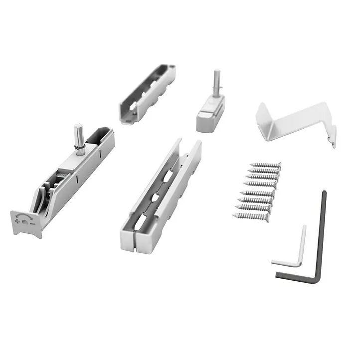 Entravia Zubehör-Set Türaufnahme verdecktliegend - Beschlag geeignet für: Holzschiebetüren, Passend für: Entravia Simple-Pocket Schiebetürsystem - Satz weißer und grauer Möbelmontageteile: Schubladenführungen, Schrauben und Inbusschlüssel.