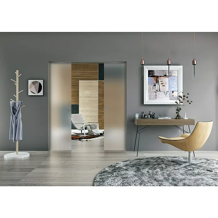 Entravia Gipskartonlaibung CW75/125 - Glasschiebetüren, 2-flügelig, Passend für: Entravia Simple-Pocket Schiebetürsystem - Doppeltes Schiebetürsystem aus mattiertem Glas trennt zwei Räume, spendet Licht und Privatsphäre.