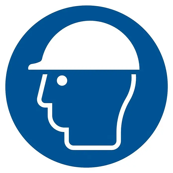 Pickup Gebotsschild - Motiv: Kopfschutz benutzen, Durchmesser: 18 cm - Das Bild zeigt ein blaues Schild mit einem weißen Symbol, das eine Person mit einem Schutzhelm darstellt, um auf das Tragen hinzuweisen.