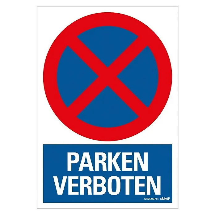 Pickup Verbotsschild - Motiv: Parken verboten, L x B: 23 x 33 cm - Das Bild zeigt ein blau-rotes Parkverbotsschild mit dem Text "Parken Verboten", das Parken in diesem Bereich untersagt.