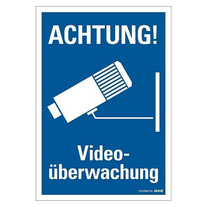 Pickup Hinweisschild - Motiv: Videokamera, L x B: 23 x 33 cm - Achtung! Videoüberwachungsschild in Blau und Weiß, das auf die laufende Videoaufzeichnung hinweist.