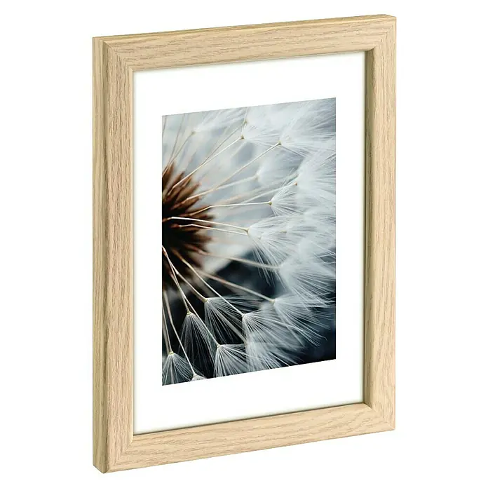 Hama Kunststoffrahmen Breeze - 30 x 40 cm, Eiche - Heller Holzbilderrahmen mit Nahaufnahme einer weißen Pusteblume.