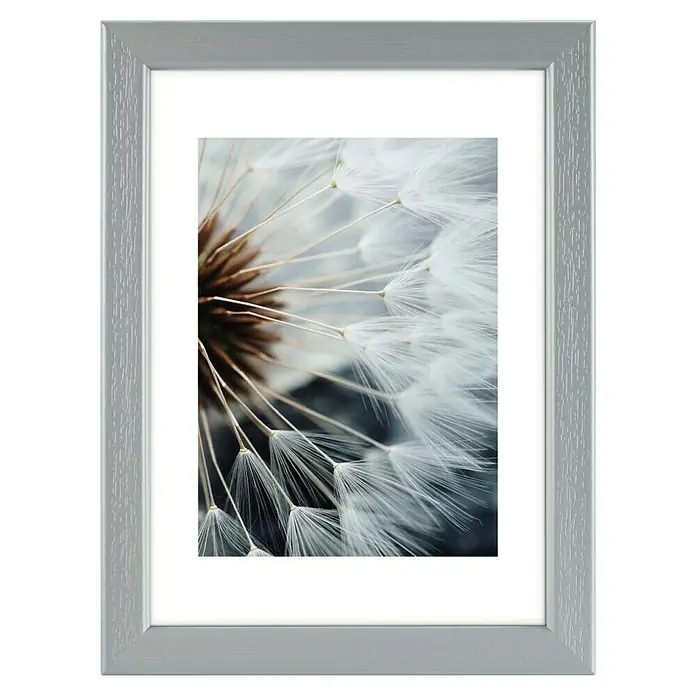 Hama Kunststoffrahmen Breeze - 15 x 20 cm, Grau - Grauer Bilderrahmen mit weißem Passepartout, der eine Pusteblumen-Nahaufnahme zeigt.