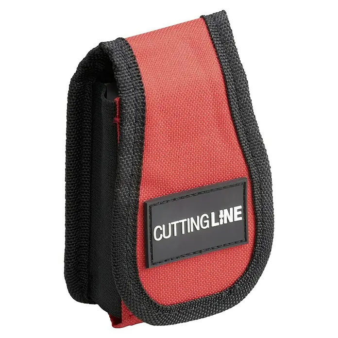 Telefontasche - Orange/Schwarz - Nahaufnahme einer roten Werkzeugtasche "Cutting Line" mit schwarzem Rand. Ideal für Handwerker und Heimwerker zur Aufbewahrung von Werkzeugen.