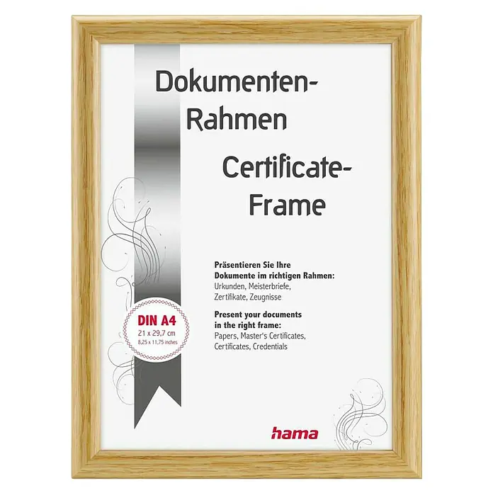Hama Kunststoffrahmen Swing - DIN A4 (21 x 29,7cm), Natur - Leichter Holzrahmen für DIN A4 Dokumente, ideal für Urkunden und Zertifikate.