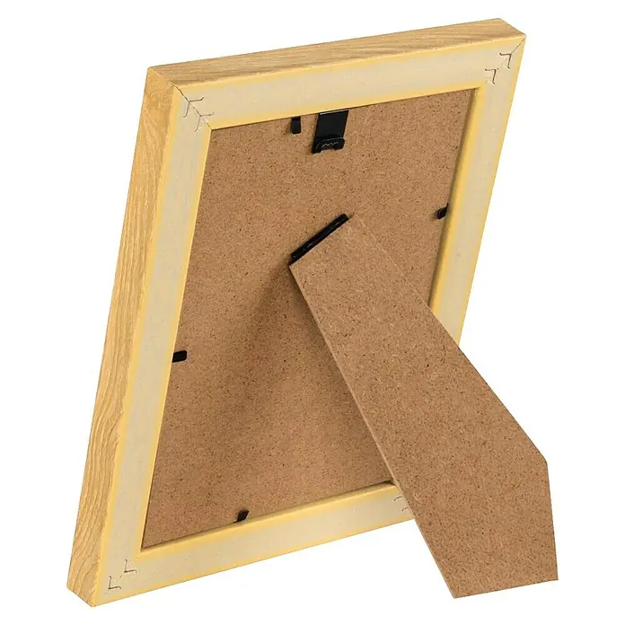 Hama Kunststoffrahmen Rustic - 13 x 18 cm, Eiche - Rückansicht eines hellen Holzbilderrahmen mit braunem Ständer.