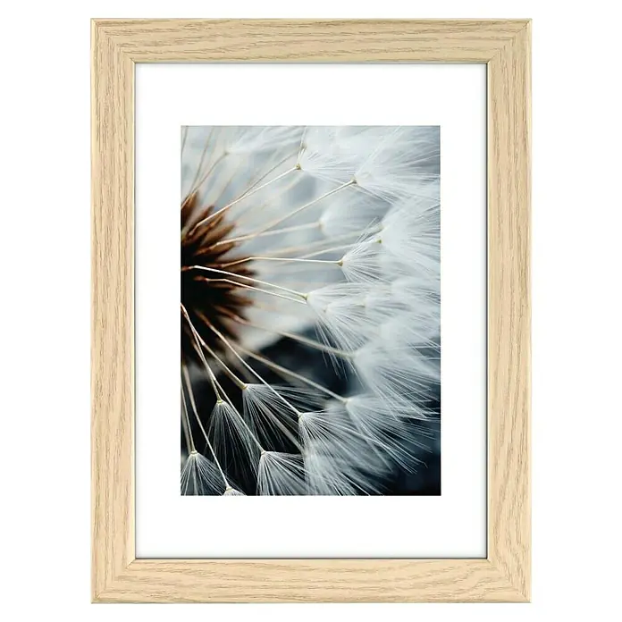 Hama Kunststoffrahmen Breeze - 30 x 40 cm, Eiche - Gerahmtes Bild einer Pusteblume mit hellem Holzrahmen und weißem Passepartout.