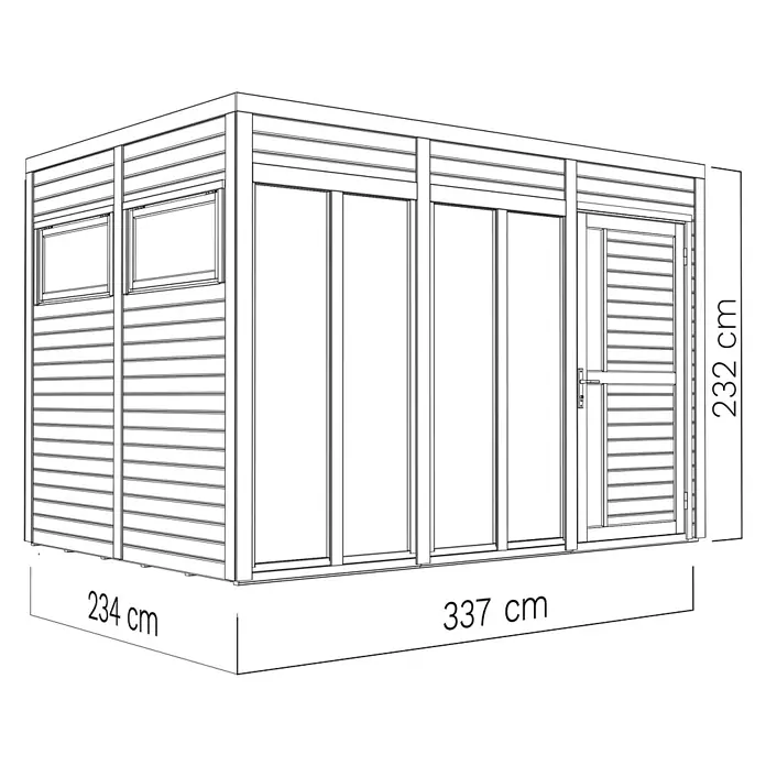 Bertilo Gartenhaus Cubus 3 Office - Außenmaß inkl. Dachüberstand (B x T): 240 x 336 cm, Holz, Anthrazit - Strichzeichnung eines Geräteschuppens mit Fenstern und Tür, 337 cm L x 234 cm T x 232 cm H.