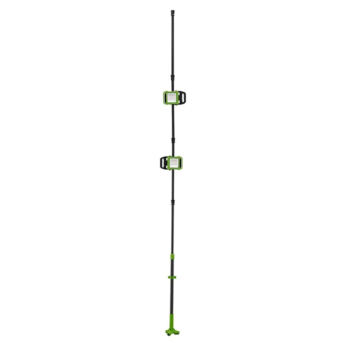 Profi Depot LED-Akkustrahler 2 in 1 - 20 W, 5.600 lm, 6.500 K, 12,7 x 12,7 x 330 cm, IP54 - Bild einer schwarzen Teleskopstange mit grünen Akzenten und zwei rechteckigen grünen Lichtern.