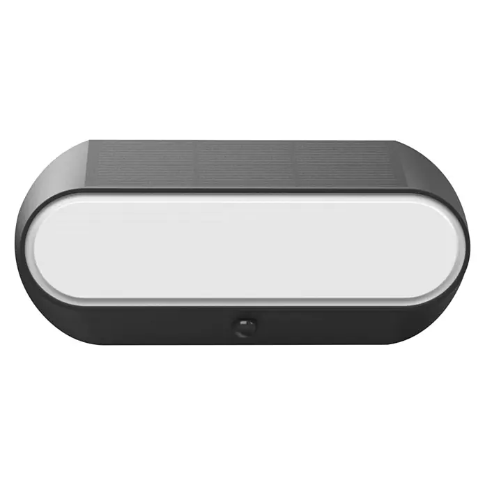 Lavida Solar-Außenwandleuchte - 5 W, L x B x H: 25 x 12 x 6,5 cm, Schwarz, IP54, 500 lm - Nahaufnahme einer länglichen, grauen Solarleuchte mit einem großen, rechteckigen Lichtpaneel, das für Außenbereiche ideal ist.