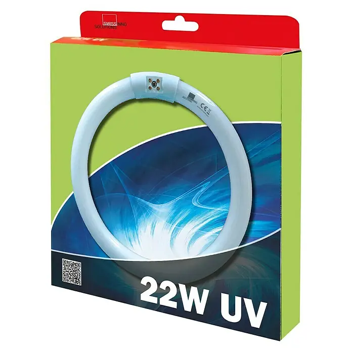 Swissinno Insektenfänger Leuchtröhre UV 22W - Passend für: Swissinno Insektenfänger 22 W - Bild einer UV-Lampe mit 22 W, verpackt in einem Karton mit den Farben Grün, Rot und Blau. Die Lampe ist kreisförmig.