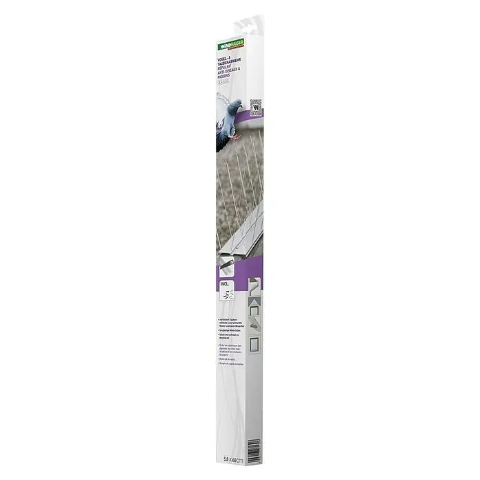 Windhager Taubenabwehr-Spikes Classic - Länge: 60 cm - Bild einer Verpackung von "Windhager Vogel- & Taubenabwehr Classic", einem Produkt zur Vogel- und Taubenabwehr mit Abmessungen 5,8 x 60 cm.