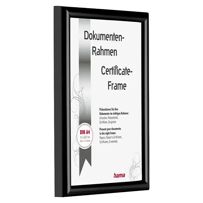 Hama Kunststoffrahmen Swing - DIN A4 (21 x 29,7cm), Schwarz - Schwarzer DIN A4 Urkundenrahmen für Dokumente und Auszeichnungen.
