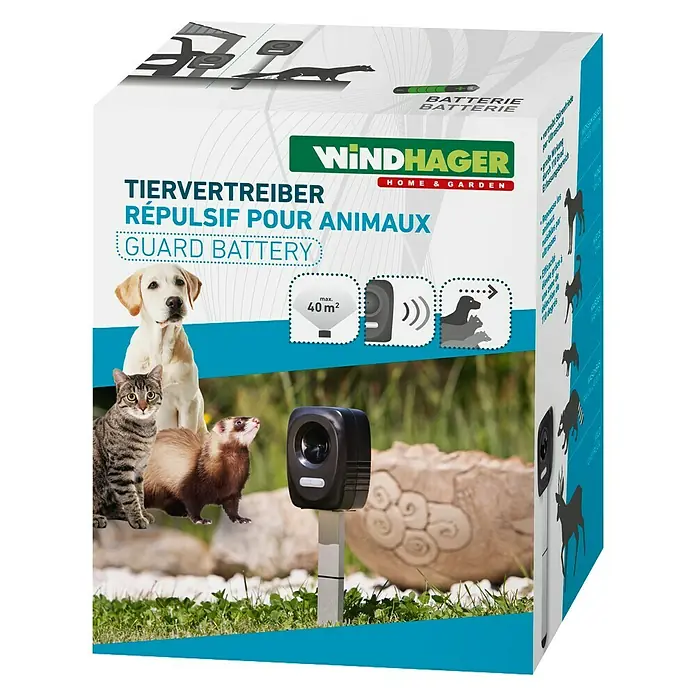 Windhager Ultraschall-Tiervertreiber Guard Batterie - Wirkungsbereich: 40 m² - Abbildung der Verpackung eines Windhager Tiervertreibers mit der Aufschrift "Guard Battery" gegen Tiere im Haus und Garten.