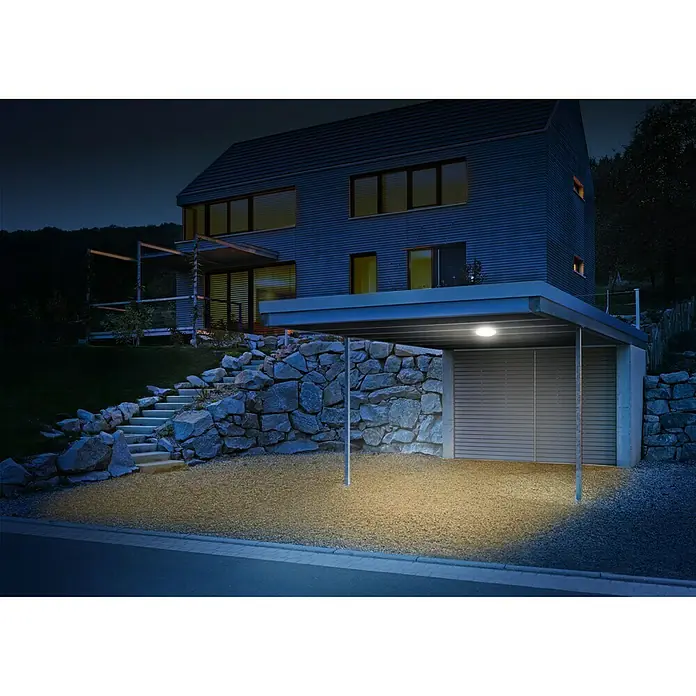 Steinel LED-Außendeckenleuchte DL Vario Quattro S WW weiß - 9,8 W, L x B x H: 31 x 31 x 6,9 cm, Weiß, IP54 - Moderne Hausbeleuchtung mit Außenleuchten, die den Carport und den Zugangsbereich erhellen.