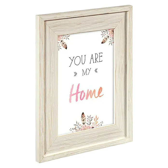 Hama Holzrahmen Nivala - 13 x 18 cm, Weiß/Braun - Bilderrahmen aus weiß gekalktem Holz mit einem Druck, der den Text 'YOU ARE MY Home' und zarte Blumen- und Federillustrationen zeigt.