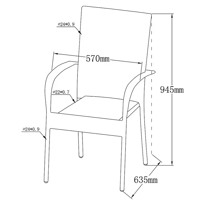 Sunfun Neila Gartensessel - B x T x H: 56 x 63 x 94 cm, Polyrattan, Stapelbar, Silbergrau - Zeichnung eines Stuhls mit Armlehnen und Höhenangaben in Millimetern.
