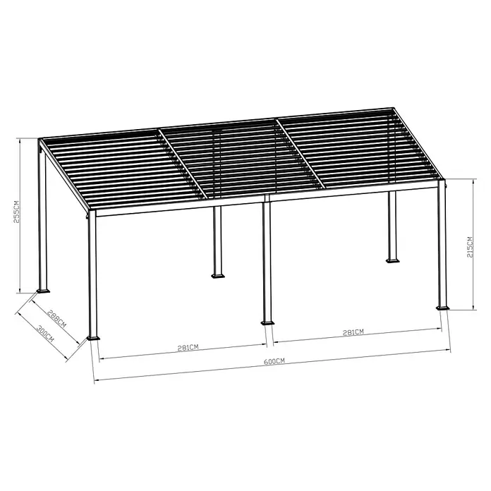 Sunfun Anstellpavillon Palma XXL - B x T: 600 x 300 cm, Anthrazit, Aluminium - Bild einer Pergola mit den Maßen 255 cm Höhe, 300 cm Breite und 600 cm Länge, ideal für Garten oder Terrasse.