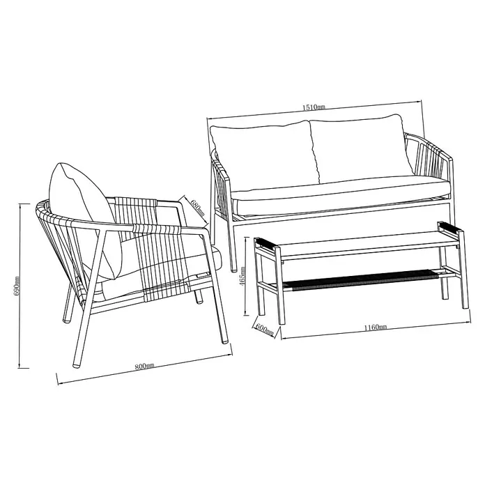 MWH Wicker Loungemöbel-Set - 4 -tlg., Aluminium, Grau/Naturbraun - Gartenlounge-Set mit Sessel, 2-Sitzer-Sofa und Couchtisch/Bank aus Metallrahmen mit Geflechtdetails und Kissen, bemaßt.