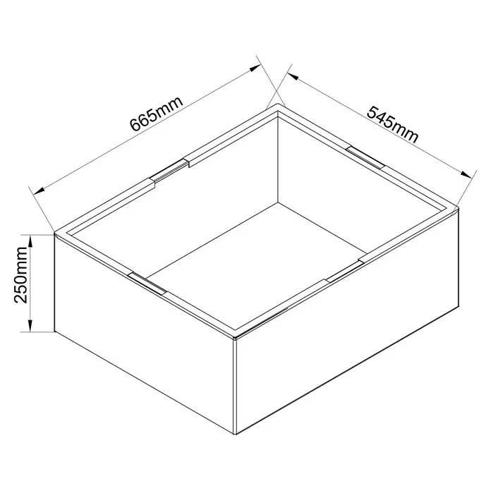 Sunfun Lumar Korb für Kissenbox - L x B x H: 66,5 x 54,5 x 25 cm, Night-Grey - Isometrische Darstellung eines kastenförmigen Behälters mit Maßangaben.