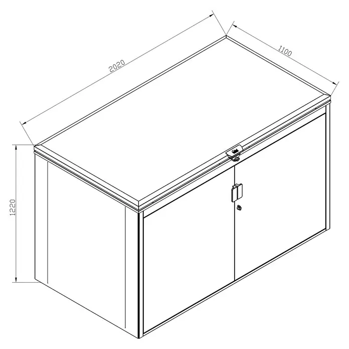 Sunfun Lumar Garten-Aufbewahrungsbox - L x B x H: 110 x 202 x 122 cm, Night-Grey, Stahl - Zeichnung eines Gartenschranks mit Maßen, ideal zur Aufbewahrung von Gartengeräten und Zubehör. Solide Bauweise.