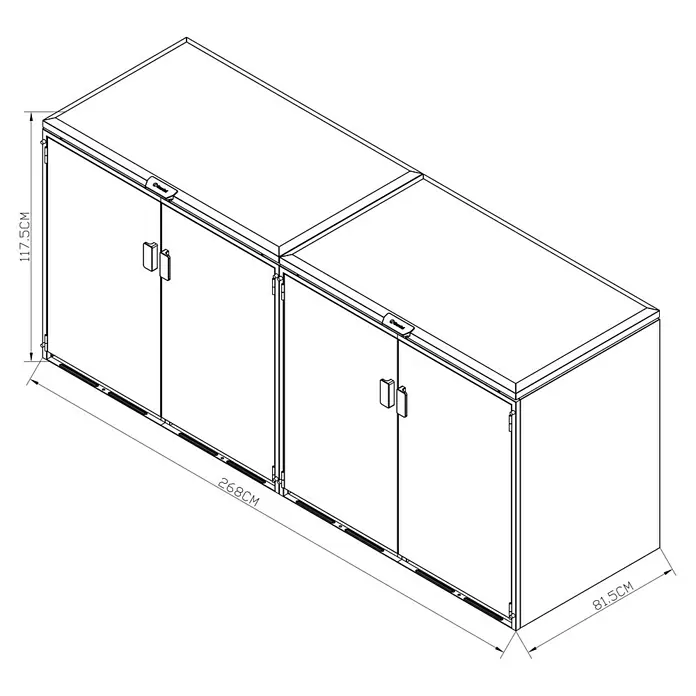 Gardol Mülltonnenbox - 268 x 117,5 cm, Stahl, Anthrazit, Geeignet für Anzahl Mülltonnen: 4 Stk. - Zwei weiße Gefriertruhen mit Deckeln und Griffen, isometrisch dargestellt mit Maßen.