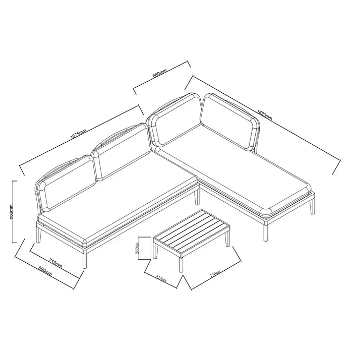 Sunfun Solo Rope Loungemöbel-Set - 3 -tlg., Aluminium, Olefin, Night-Grey - Isometrische Darstellung eines Lounge-Sets mit Sofa und Tisch mit Maßangaben.