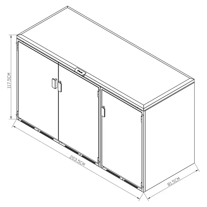 Gardol Mülltonnenbox - 203,5 x 117,5 cm, Stahl, Anthrazit, Geeignet für Anzahl Mülltonnen: 3 Stk. - Strichzeichnung einer großen Outdoor-Lagerbox mit zwei Türen und Schloss, 203,5 cm breit, 117,5 cm hoch, 81,5 cm tief.