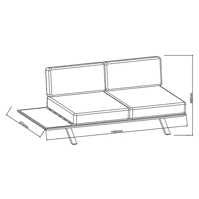 Sunfun Lumar Loungesofa - L x B x H: 195,5 x 87 x 68 cm, Aluminium, Night-Grey - Abbildung eines modernen Sofas mit seitlichem Tisch und den Maßen 1955mm Länge, 870mm Tischbreite und 680mm Höhe.
